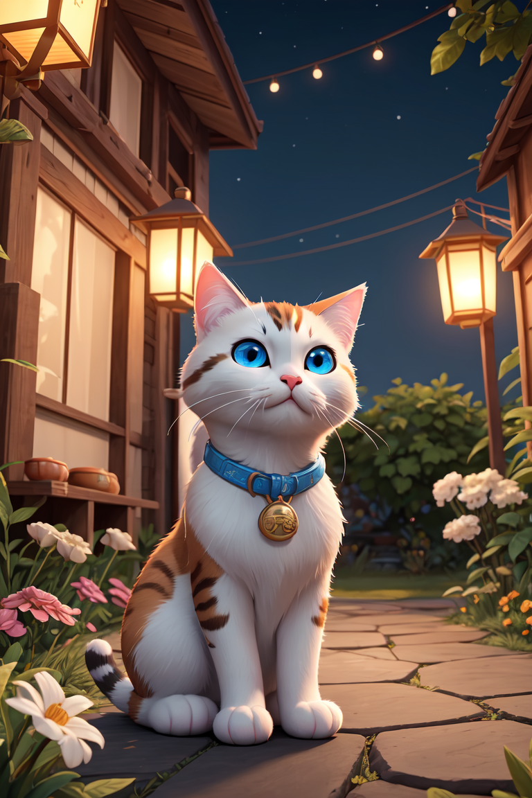 377722-676426847-(no humans,_1.2)(best quality, masterpiece), maneki-neko, cat, solo, neck bell,blue eyes, flower,lantern, sitting, full body, ^_.png